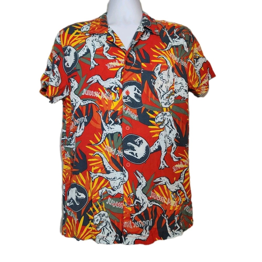 Jurassic Park Shirt Mens Size Small Dinosaur Print T-rex Button Up Hawaiian